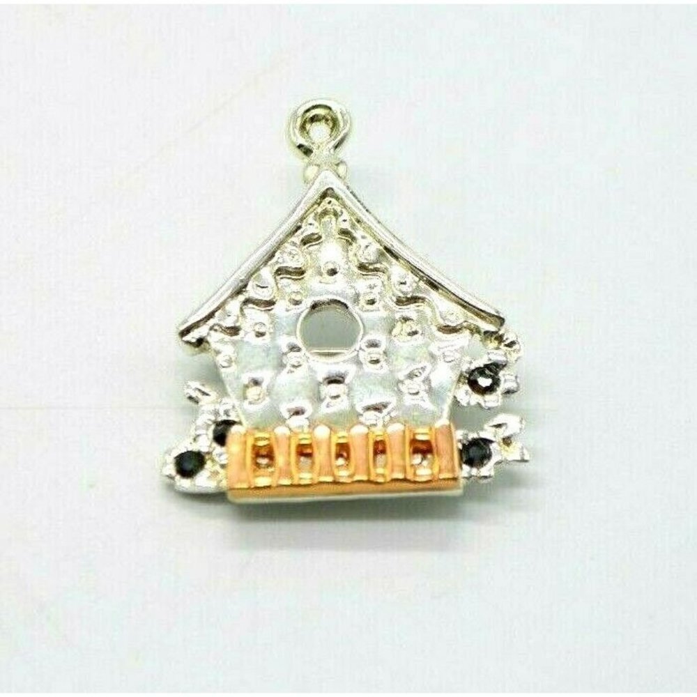 Danecraft Black Rhinestone Dual Tone Birdhouse Pin Brooch Vintage